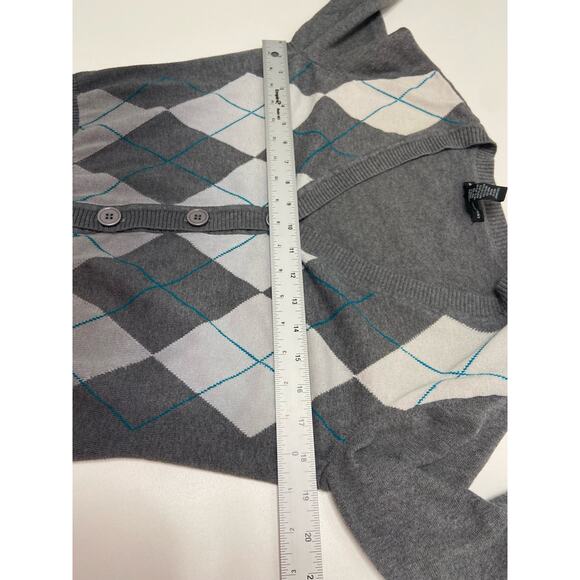 New York & Company Argyle Knit Cardigan Sweater V-Neck Long Sleeve Gray Womens L - Picture 5 of 6